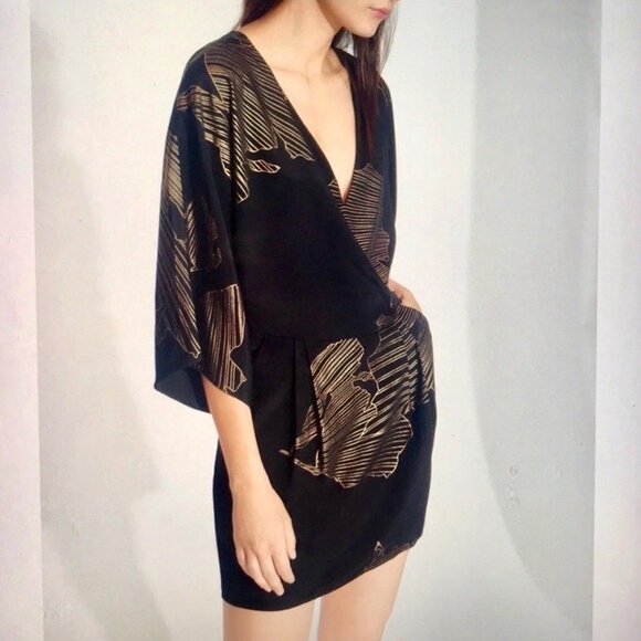 Halston Heritage Black & Gold Kimono Sleeve Mini Dress With Abstract Print Size - Picture 6 of 14